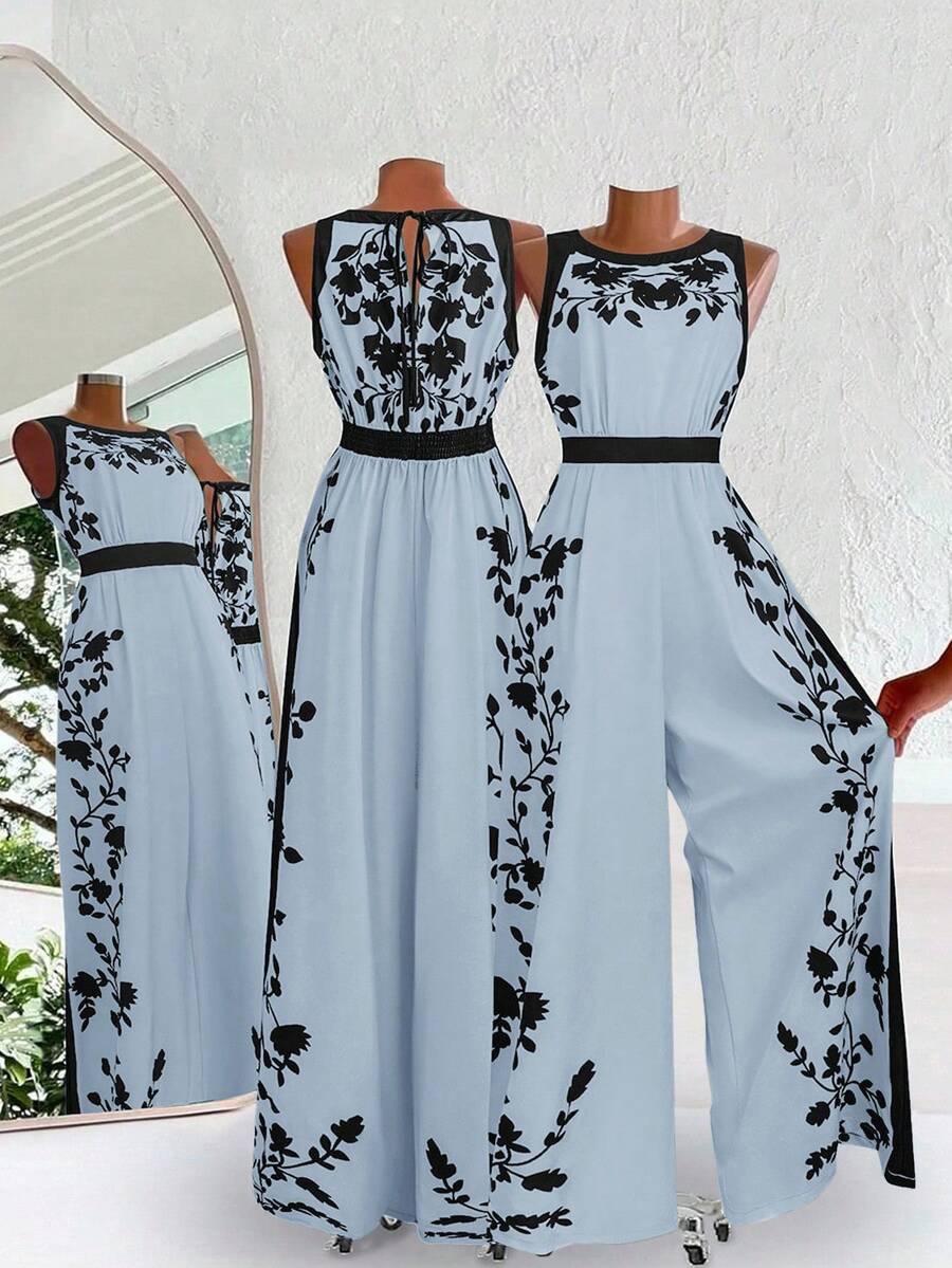 SHEIN Clasi Bộ áo liền quần nữ thanh lịch hở lưng, dáng rộng, phối màu nổi bật. - Màu xanh lam - Xem 1