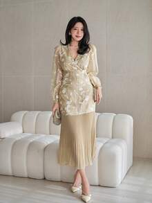 DAZY Set da 2 pezzi composto da blusa floreale elegante scollo a V e gonna, primavera - Albicocca - Visualizzare 4