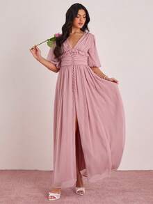 Enchnt Spring/Summer Women's Elegant V-Neck Ruched Waist Lantern Sleeve Midi Dress, Valentine's Day Outfit,Elegant Long Dresses For Party ,Wedding Dresses,Pink Dress - Pink - View 4