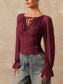 Lumalex Early Spring 1pc Women's Soft Mesh Patchwork Sheer Puff Sleeve Fitted Blouse Luxury NewYearNewLook QuietLuxe Prom Gathering Party Banquet Modest Old Money Coquette Glitter Holiday Party Rave Festival Outing Vacation Hot Outdoor Richly Layered Wedding Season Banquet ID Al-Adha Al-Adha Party New Year Looks Of Party For Autumn - Red Violet - View 6