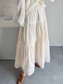 FRIFUL 女士长款撞色蕾丝喇叭裙