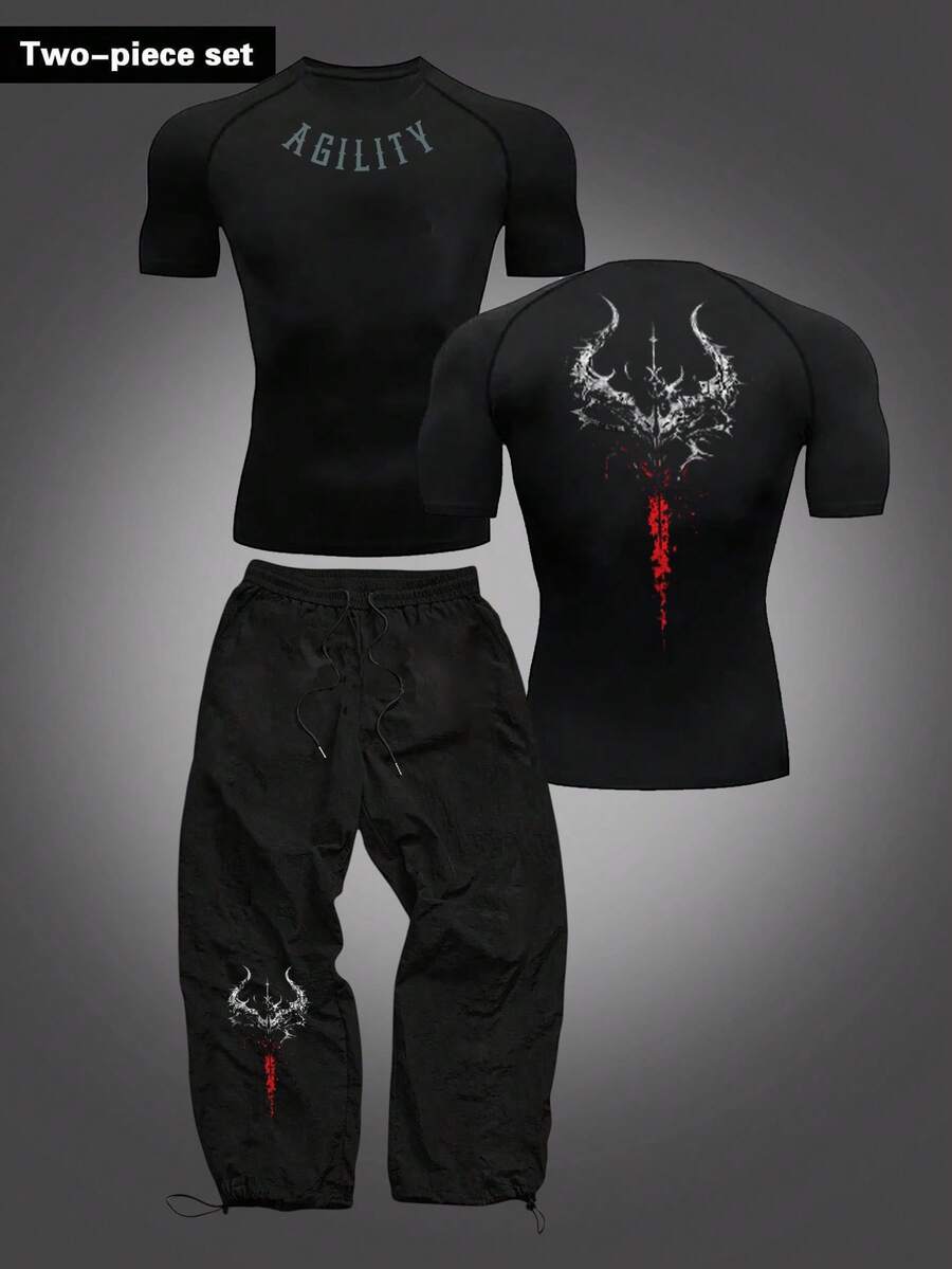 Manfinity Sport Corelite 2 pièces/Set T-shirt à manches raglan avec imprimé lettres et pantalon. Ensemble de sport, tenue de gym, ensemble d'entraînement pour hommes - Noir - Voir 1