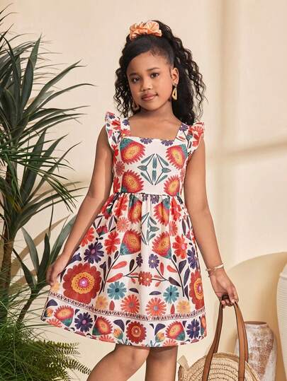 SHEIN Tween Girl Casual Vacation Floral Retro Print Ruffle Trim Flutter Sleeve Open Back Bow Decor Waist Flare Dress
