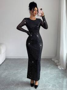 Rafferiza Petite Vestido de mujer de manga larga con cuello redondo, espalda descubierta y cordones, hecho de tela de malla de punto con lentejuelas - Negro - Ver 2