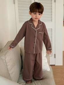 DAZY Young Boy Contrast Trim Button-Front Long Sleeve Top And Pants Pajama Set Spring - Brown - View 3