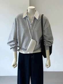 INAWLY Plus Size Women Casual Everyday/Work Commute Colorblock Striped Lapel Drop Shoulder Loose Pullover Sweatshirt, Spring/Autumn - Grey - View 3