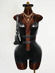 Mistrie 新款女士PU连体裤，无袖设计，配有吊带和交叉绑带，适合派对、夜店、约会、郊游、音乐节和嘉年华派对等场合。 - 黑色 - 查看 1