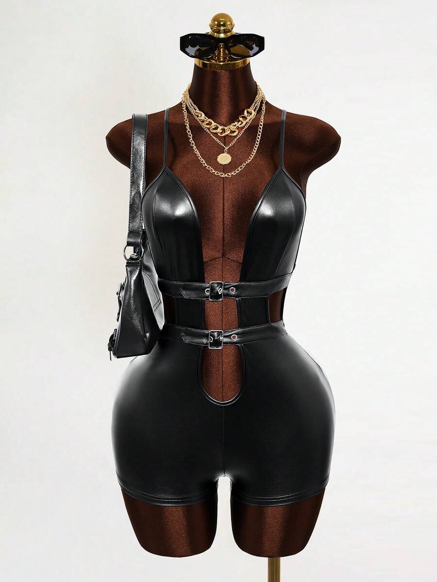 Mistrie 新款女士PU连体裤，无袖设计，配有吊带和交叉绑带，适合派对、夜店、约会、郊游、音乐节和嘉年华派对等场合。 - 黑色 - 查看 1