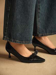 Rosivie Pointed Toe Bow Decor Elegant Commuting High Heels - Black - View 4