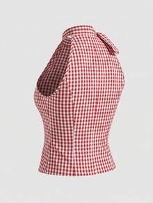 Olithes 2026 New Arrival Women's Red And White Gingham Halter Tank Top - With Bowknot Straps, White Buttons, Ruched Details, Casual & Commute & Minimalist & Vacation Style - Multicolor - View 2