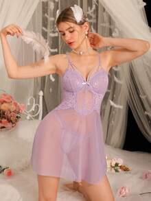 DelicateAllure Bộ đồ lót 2 món phối ren và lưới tương phản có gọng dành cho nữ - Màu Lilac Tím - Xem 3