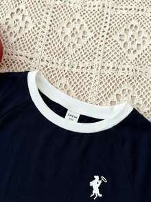 SHEIN 少女骑士印花圆领插肩短袖休闲T恤 - 藏蓝色 - 查看 3