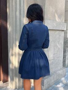SHEIN PETITE Fashionable Commuter Front Button Waist Pleated Denim Dress