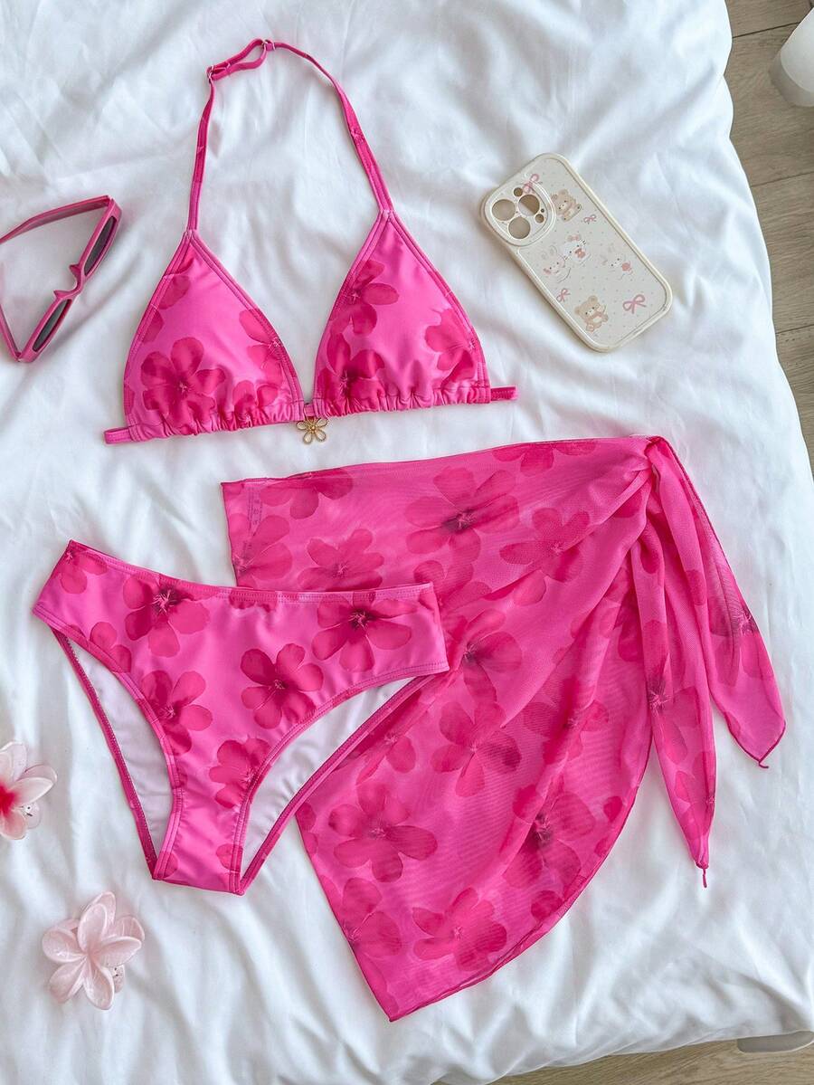 Bộ bikini 3 mảnh dành cho thiếu nữ: Áo tắm màu hồng nhạt phối lưới in hoa, quần và váy buộc dây, bikini tam giác hở lưng dây mảnh thích hợp cho bãi biển và mùa hè. - Màu Hồng Tươi - Xem 1