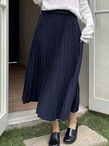 DAZY Women's Elegant Solid Color Pleated A-Line Skirt, Autumn - Navy Blue - View 4