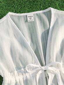 SHEIN 女童纯色休闲编织罩衫 - 白色 - 查看 4
