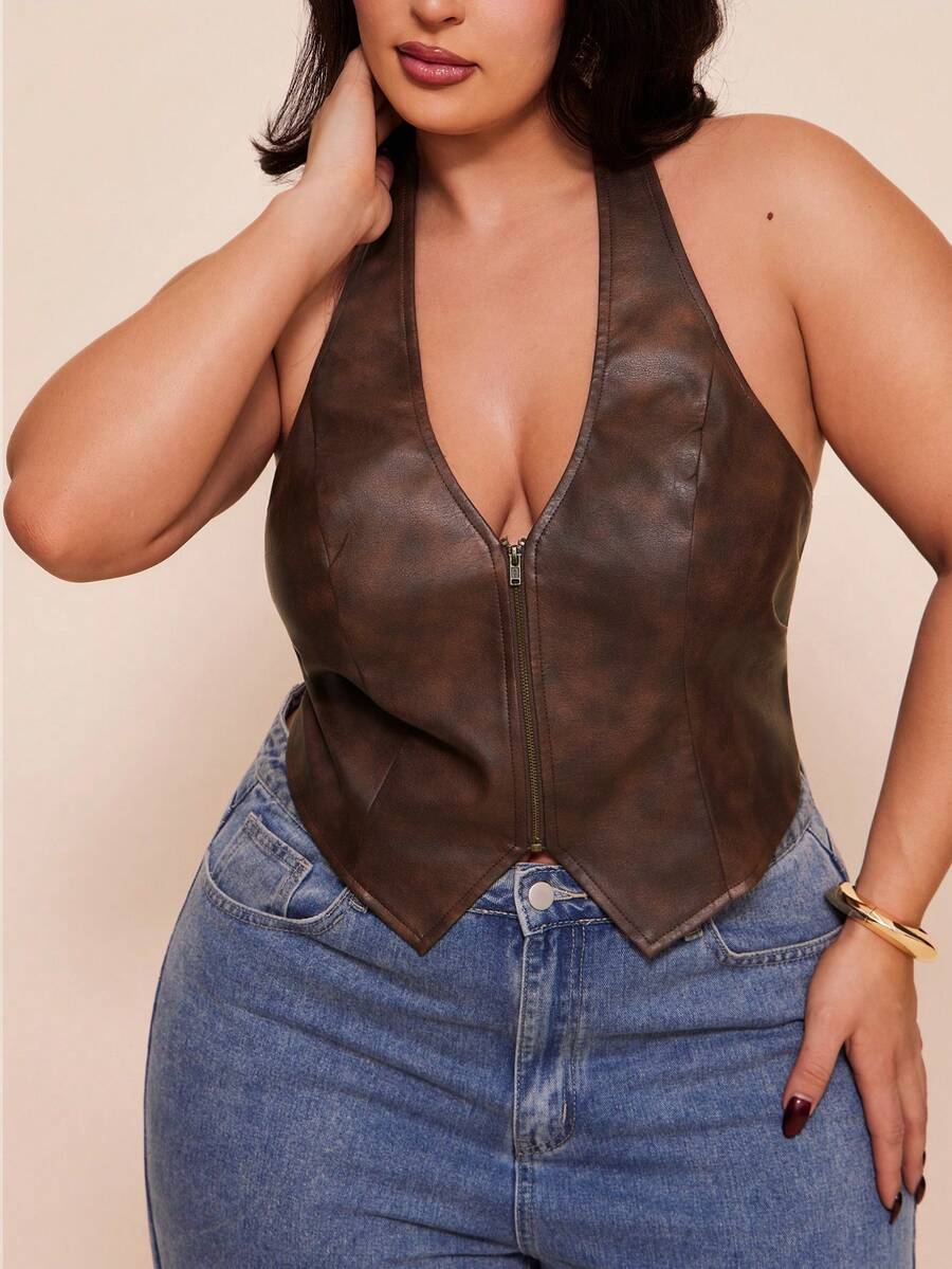 SHEIN BAE Áo kiểu nữ cỡ lớn gợi cảm, phong cách đường phố, nghỉ mát, chất liệu da PU, hở lưng, buộc dây, khóa kéo phía trước, màu nâu, thích hợp cho mùa hè, xuân hè, nữ mùa xuân, ngày Valentine, trang phục lễ hội, tiệc tùng, đi biển, đám cưới, thanh lịch, kỳ nghỉ hè, du lịch. - màu nâu - Xem 1