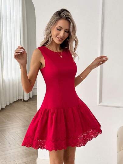 Easowa Elegant Sleeveless Round Neck Ruffled Hem Embroidered Hollow Out Fabric Casual Vacation Dress For Women Red Dress  Valentines Day Dress Women's Sleeveless Embroidered Mini Dress, Elegant Fit And Flare Eyelet Hem Dress For Summer Parties And Casual Wear Summer Dress Beach Dress Wedding Guest Dress