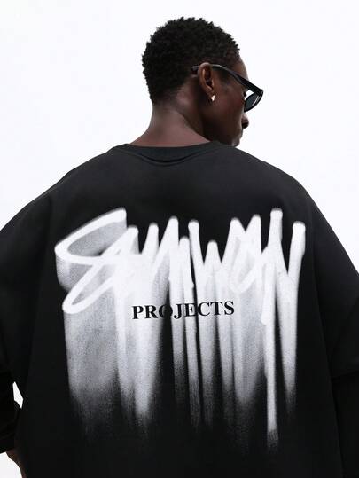 SUMWON Oversized Sweatshirt With Spray Paint Graphic Print And Projects Text Back Design Streetwear