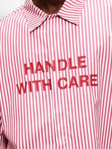 PLAYBOY X SUMWON Retro Logo Striped Long Sleeve Button Down Shirt With Character Print And Collegiate Style Text Design - Red and White - View 5