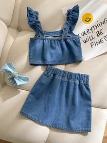 2pcs/Set Young Girls Summer Blue Denim Outfit,Flutter Sleeve Ruffle Vest With Bow And Mini Skirt,Casual Children Jeans Skirt Set Girl Clothes Two Pieces - Blue - View 2
