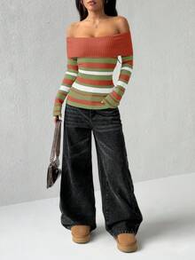 Flirla Women's Autumn Fashionable Color Block Striped Foldover Off Shoulder Fitted Sweater - Rust Brown - View 3