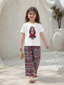 Tween Girl Elegant Middle Eastern Traditional Cute Graphic Retro Print Casual Fashion T-Shirt + Retro Print Wide Leg Pants Suit, Suitable For Holidays, Parties, Gifts, Daily Wear, Spring/Summer/Autumn - Multicolor - View 4