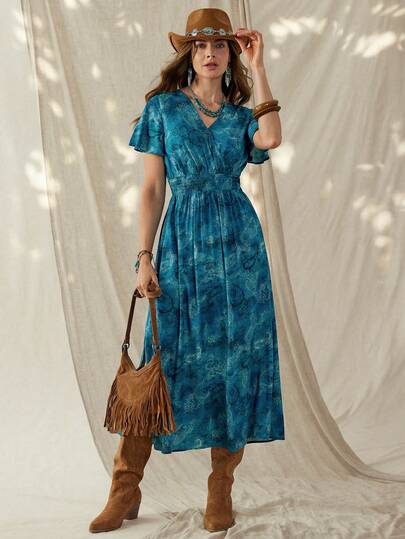 Wildy Casual American Western Country Retro Pattern Women's V-Neck Short Sleeve Maxi Dress, Suitable For Spring/Summer Daily Wear, Commuting And Outdoor Spring To Summer From Spring To Summer  Summer Dress Summer Dresses For Women Summer Outfits Summer Outfits For Women Spring Dress Women Spring Break Outfits Vacation Outfits Women Vacation Outfits For Women Summer Vacation Outfits Casual Dresses For Women Casual Long Dresses Casual Women Outfits Casual Dress For Women Going Out Dress Going Out Dress