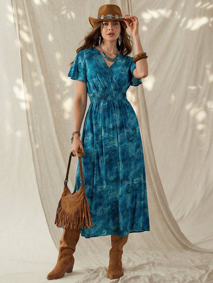 Wildy 休闲美式西部乡村复古图案女式V领短袖长裙，适合春夏日常穿着、通勤和户外活动 - 藍色 - 查看 1