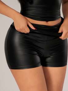 Radiana 女士纯色PU皮革方领露脐背心和紧身迷你裙两件套，时尚性感 - 黑色 - 查看 7