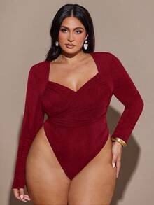 SHEIN BAE Plus Size Women's Black Long Sleeve Crossover Neck Ruched Bodysuit - Burgundy - View 2