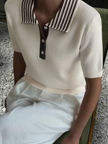 DAZY Women's Casual Collared Patchwork Knit Sweater, Winter - White - View 1