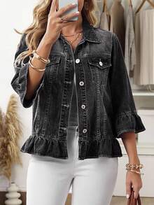 EMERY ROSE Women's Casual Washed Denim Jacket With Ruffle Hem Women Women Denim Jacket Cropped Denim Jacket - Black - View 9