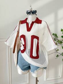 SHEIN EZwear Áo thun nữ cỡ lớn tay ngắn dệt kim khoét chữ và số, kiểu dáng thường ngày, đa năng. - Màu Đỏ Sâu - Xem 4