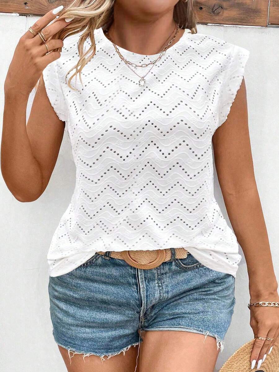 EMERY ROSE Nouveau Top t-shirt à manches courtes en tricot texturé jacquard à col rond polyvalent mode décontractée grande taille pour femmes - Multicolore - Voir 1
