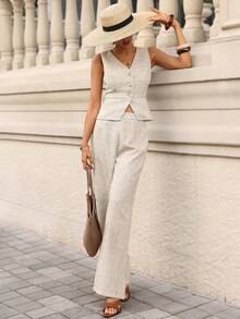 Editum Bộ đồ nữ gồm áo khoác cardigan không tay cổ chữ V và quần ống đứng, chất liệu vải tweed kaki thanh lịch, phù hợp mặc hàng ngày, đi làm, thời trang mùa thu, đông, đầu xuân. Áo khoác không tay, chất liệu vải giống như vải lanh, quần ống đứng, bộ hai mảnh cho mùa xuân/hè, phù hợp đi làm. Áo khoác và quần lanh, bộ đồ lanh nữ, trang phục lanh, bộ đồ mùa hè, bộ hai mảnh lanh. - Màu Khaki - Xem 6