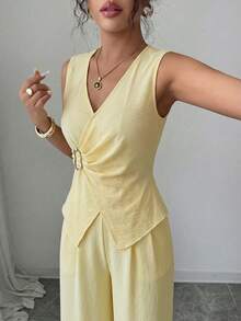 SHEIN Elenzya 1 Set Women's Sleeveless V-Neck Cinched Waist Top And Straight Leg Pants, Elegant & Romantic - Light Yellow - View 4