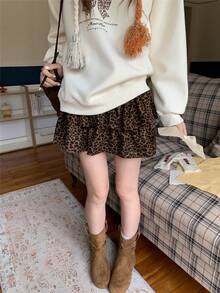 K-Vae Chân váy nữ kiểu vintage họa tiết da báo xếp nếp. - màu nâu - Xem 2