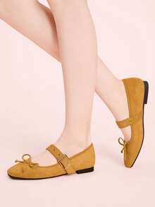 CUCCOO DOLLMOD Mocasines planos casuales con puntera redonda, suela blanda, tira de ante, bloqueo de color, decoración de remache metálico y lazo de ballet para mujer, zapatos de primavera para vacaciones de primavera y Pascua - Amarillo - Ver 5