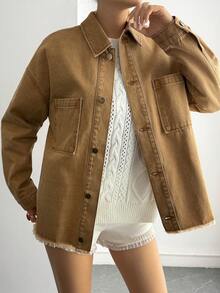 Livesso 休闲宽松女式牛仔夹克，翻领，毛边下摆