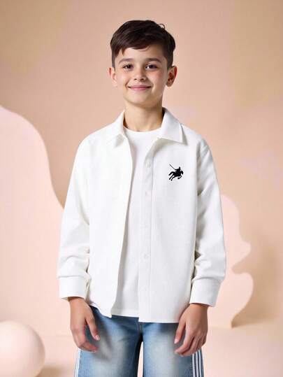 Tween Boy New Embroidered Decor White Slim Fit Long Sleeve Shirt, Back To School Shirt, Boys White Shirt, White Shirt With Horse Embroidery Pattern Long Sleeve Plain Color Boy Shirt Inside Suit Shirt For Boys Boys Shirt White Boys Church Shirt