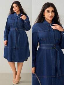 Selenza Plus Size Women's Fashion Denim Belted Dress Winter New Year - Dark Wash - View 1