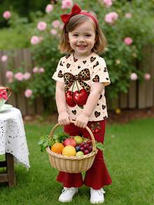 SHEIN Bộ 2 món cho bé gái gồm áo in hình trái tim báo đốm và áo thun cổ tròn tay ngắn họa tiết quả anh đào, quần ống loe in hình quả anh đào màu đỏ, trang phục thường ngày cho bé gái sơ sinh và trẻ nhỏ. - Nhiều màu - Xem 4