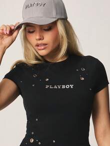 Missguided x Playboy Distressed Crop T-Shirt With Metal Eyelets And Grunge Details Short Sleeve Top - Black - View 5