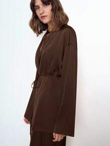 Maija Women's Autumn/Winter Satin Solid Color Tie Front Long Sleeve Cardigan And Elastic Waist Pants Casual Suit, Women's Sleepwear 2 Pieces Set, Women's Casual Business Suit, Office Attire - Brown - View 2