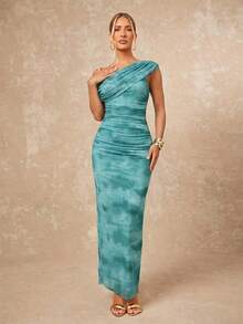 Lumalex 简约复古闪亮假日派对装扮，适合锐舞节、郊游、游泳度假、波西米亚风、户外婚礼季、宴会、成人礼、海滩、海边、海滩度假、复活节、波西米亚风海滩户外婚礼派对、成人礼、返校派对、生日庆祝等场合。女士春夏优雅扎染印花网纱单肩褶皱装饰修身紧身长裙，性感扭结褶皱开衩设计无袖修身长裙，春夏款。 - 彩色 - 查看 7