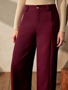 Zovinel 高腰宽松直筒裤，配腰带，卡其色，休闲商务两相宜，春秋季款 - 酒紅色 - 查看 1