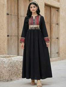 SHEIN 少女几何印花流苏系腰连衣裙，梭织拼接长袖休闲度假连衣裙，配腰带，春夏款 - 黑色 - 查看 4