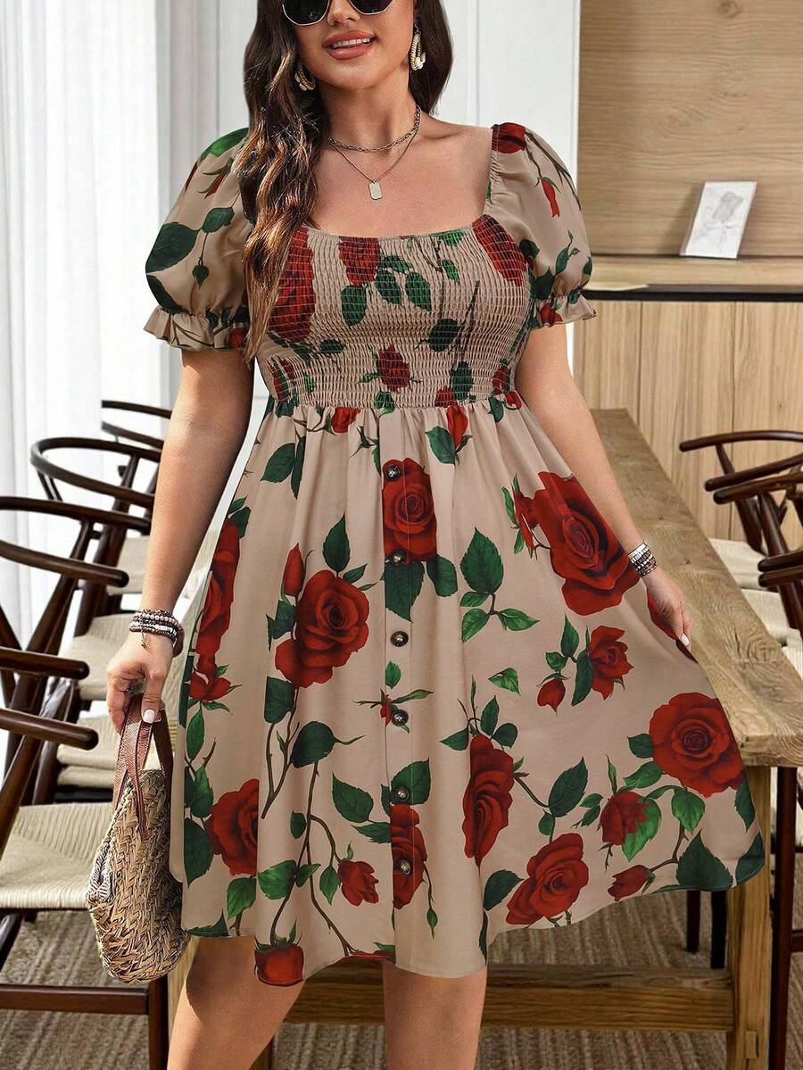 EMERY ROSE Plus Size Women Square Neck Puff Sleeve Brown Red Rose Vacation Retro Flounce Hem Decorated Button Front Dress - Multicolor - View 1