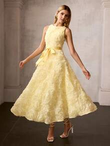 MOTF PREMIUM WOMEN'S SLEEVELESS ROMANTIC TEXTURED SATIN BELTED MIDI DRESS - Yellow - View 6